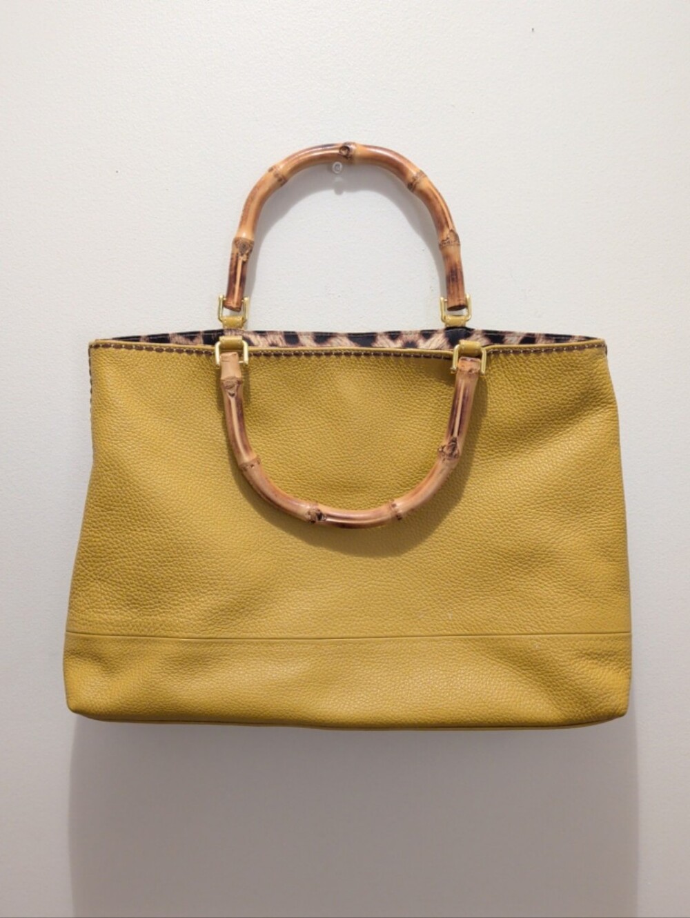 Plinio Visona Leather Tote Bag with Bamboo Handles